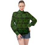 Green Floral Pattern Floral Greek Ornaments High Neck Long Sleeve Chiffon Top