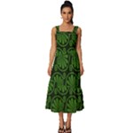 Green Floral Pattern Floral Greek Ornaments Square Neckline Tiered Midi Dress