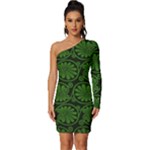 Green Floral Pattern Floral Greek Ornaments Long Sleeve One Shoulder Mini Dress