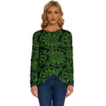 Green Floral Pattern Floral Greek Ornaments Long Sleeve Crew Neck Pullover Top