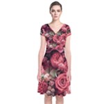 Pink Roses Flowers Love Nature Short Sleeve Front Wrap Dress