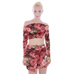 Pink Roses Flowers Love Nature Off Shoulder Top with Mini Skirt Set