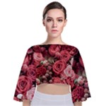 Pink Roses Flowers Love Nature Tie Back Butterfly Sleeve Chiffon Top