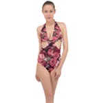 Pink Roses Flowers Love Nature Halter Front Plunge Swimsuit