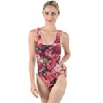Pink Roses Flowers Love Nature High Leg Strappy Swimsuit