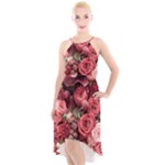 Pink Roses Flowers Love Nature High-Low Halter Chiffon Dress 