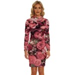 Pink Roses Flowers Love Nature Long Sleeve Shirt Collar Bodycon Dress