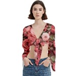 Pink Roses Flowers Love Nature Trumpet Sleeve Cropped Top