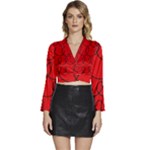 Red Background Wallpaper Long Sleeve Tie Back Satin Wrap Top