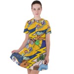 Astronaut Moon Monsters Spaceship Universe Space Cosmos Short Sleeve Shoulder Cut Out Dress 
