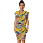 Astronaut Moon Monsters Spaceship Universe Space Cosmos Vintage Frill Sleeve V-Neck Bodycon Dress