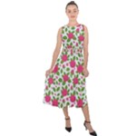 Flowers Leaves Roses Pattern Floral Nature Background Midi Tie-Back Chiffon Dress