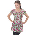 Flowers Leaves Roses Pattern Floral Nature Background Puff Sleeve Tunic Top
