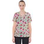 Flowers Leaves Roses Pattern Floral Nature Background Women s V-Neck Scrub Top