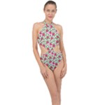 Flowers Leaves Roses Pattern Floral Nature Background Halter Side Cut Swimsuit