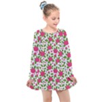 Flowers Leaves Roses Pattern Floral Nature Background Kids  Long Sleeve Dress