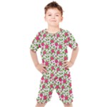 Flowers Leaves Roses Pattern Floral Nature Background Kids  T-Shirt and Shorts Set