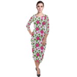 Flowers Leaves Roses Pattern Floral Nature Background Quarter Sleeve Midi Velour Bodycon Dress