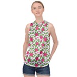 Flowers Leaves Roses Pattern Floral Nature Background High Neck Satin Top