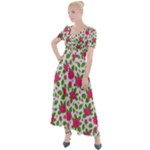 Flowers Leaves Roses Pattern Floral Nature Background Button Up Short Sleeve Maxi Dress