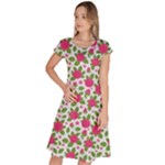 Flowers Leaves Roses Pattern Floral Nature Background Classic Short Sleeve Dress