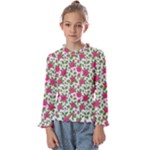 Flowers Leaves Roses Pattern Floral Nature Background Kids  Frill Detail T-Shirt