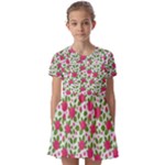Flowers Leaves Roses Pattern Floral Nature Background Kids  Short Sleeve Pinafore Style Dress