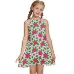 Flowers Leaves Roses Pattern Floral Nature Background Kids  Halter Collar Waist Tie Chiffon Dress