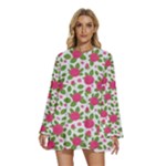 Flowers Leaves Roses Pattern Floral Nature Background Round Neck Long Sleeve Bohemian Style Chiffon Mini Dress