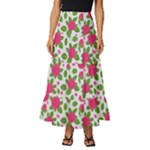 Flowers Leaves Roses Pattern Floral Nature Background Tiered Ruffle Maxi Skirt