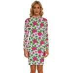 Flowers Leaves Roses Pattern Floral Nature Background Long Sleeve Shirt Collar Bodycon Dress
