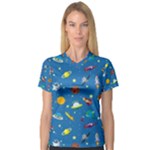 Space Rocket Solar System Pattern V-Neck Sport Mesh T-Shirt