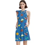 Space Rocket Solar System Pattern Cocktail Party Halter Sleeveless Dress With Pockets