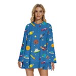 Space Rocket Solar System Pattern Round Neck Long Sleeve Bohemian Style Chiffon Mini Dress
