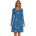 Space Rocket Solar System Pattern Long Sleeve Dress With Pocket