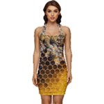 Honeycomb With Bees Sleeveless Wide Square Neckline Ruched Bodycon Dress