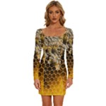 Honeycomb With Bees Long Sleeve Square Neck Bodycon Velvet Dress