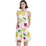 Strawberry Lemons Fruit Cocktail Party Halter Sleeveless Dress With Pockets