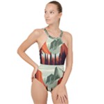 Mountain Travel Canyon Nature Tree Wood High Neck One Piece Swimsuit