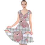 Bear Cartoon Pattern Strawberry Rainbow Nature Animal Cute Design Cap Sleeve Front Wrap Midi Dress