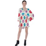 Abstract Art Pattern Colorful Artistic Flower Nature Spring V-Neck Flare Sleeve Mini Dress