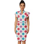 Abstract Art Pattern Colorful Artistic Flower Nature Spring Vintage Frill Sleeve V-Neck Bodycon Dress