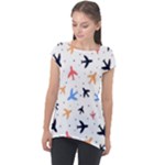 Airplane Pattern Plane Aircraft Fabric Style Simple Seamless Cap Sleeve High Low Top
