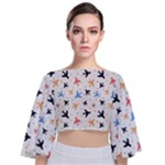 Airplane Pattern Plane Aircraft Fabric Style Simple Seamless Tie Back Butterfly Sleeve Chiffon Top