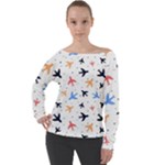 Airplane Pattern Plane Aircraft Fabric Style Simple Seamless Off Shoulder Long Sleeve Velour Top