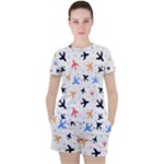 Airplane Pattern Plane Aircraft Fabric Style Simple Seamless Women s T-Shirt and Shorts Set