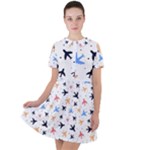 Airplane Pattern Plane Aircraft Fabric Style Simple Seamless Short Sleeve Shoulder Cut Out Dress 