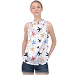 Airplane Pattern Plane Aircraft Fabric Style Simple Seamless High Neck Satin Top