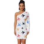 Airplane Pattern Plane Aircraft Fabric Style Simple Seamless Long Sleeve One Shoulder Mini Dress