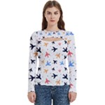 Airplane Pattern Plane Aircraft Fabric Style Simple Seamless Women s Cut Out Long Sleeve T-Shirt